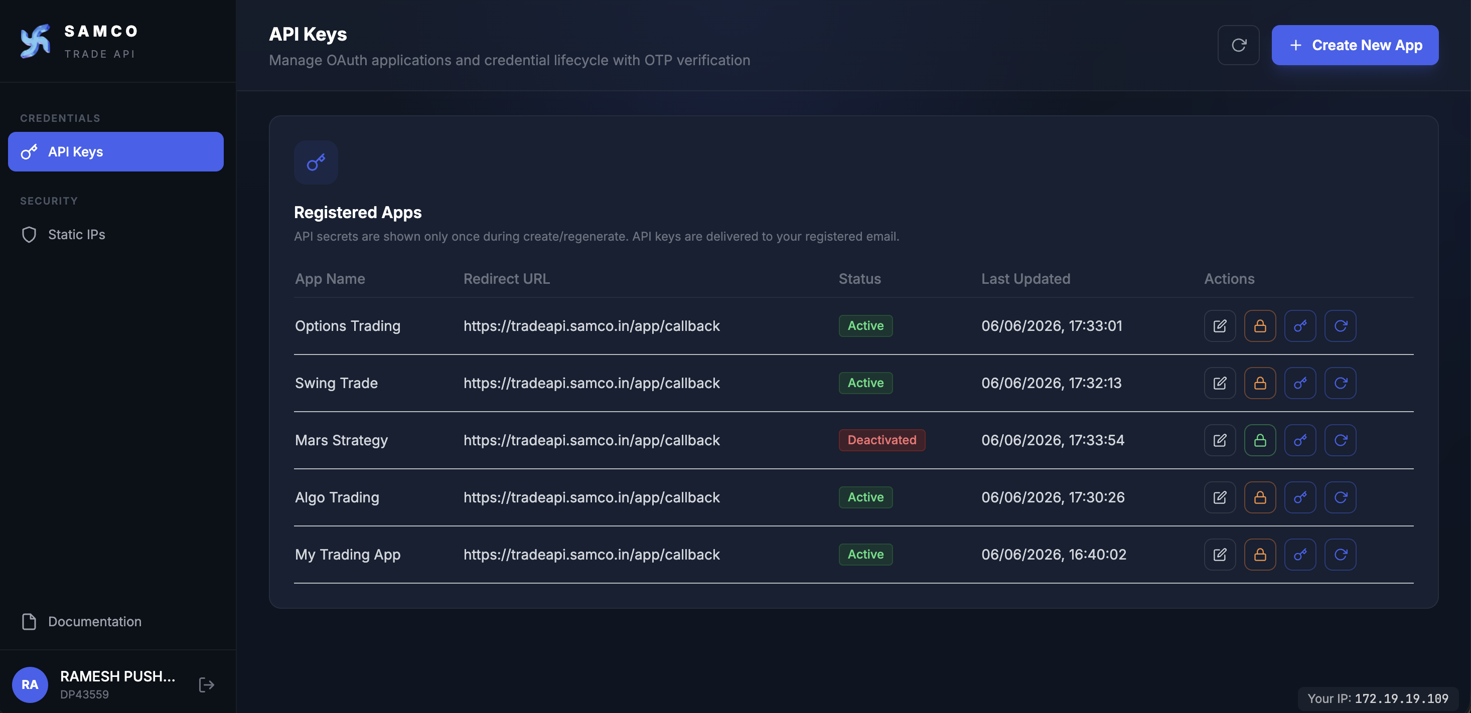 Registered Apps table with action buttons