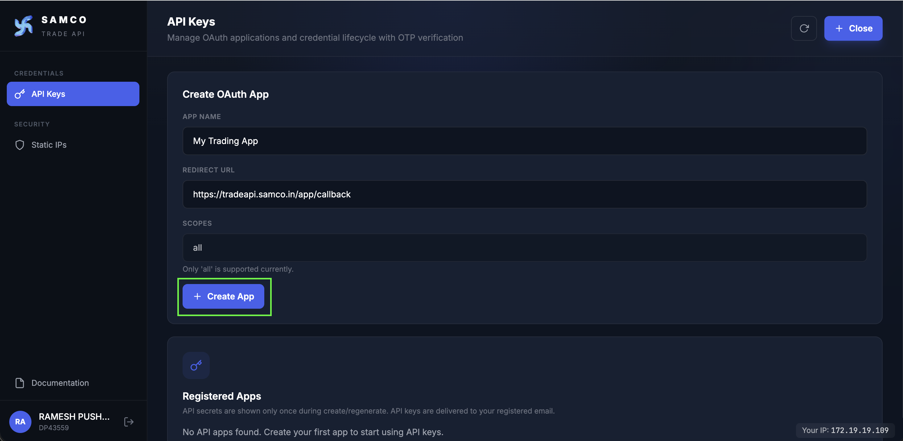 Create App button on Create App form