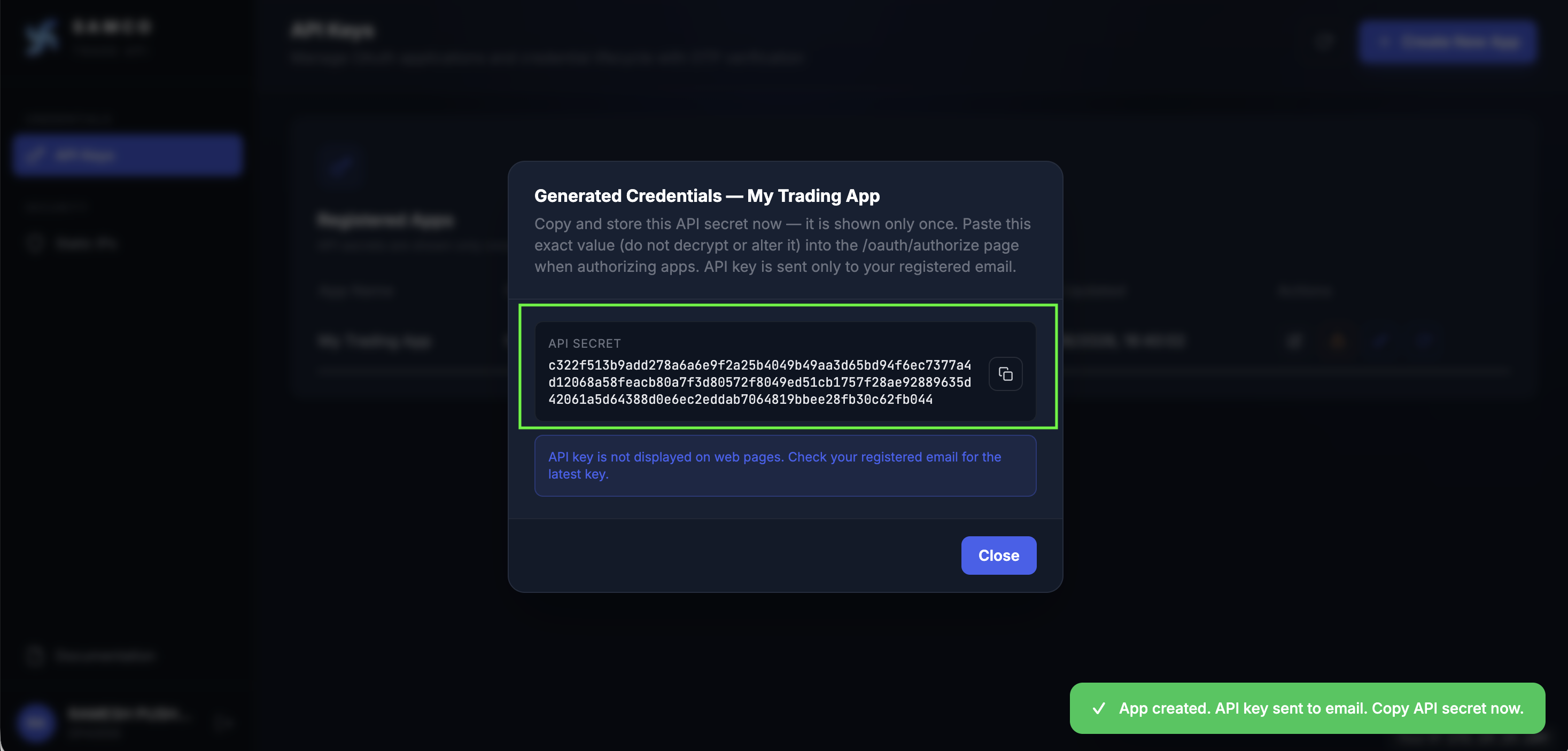 API Secret shown once with app name in title