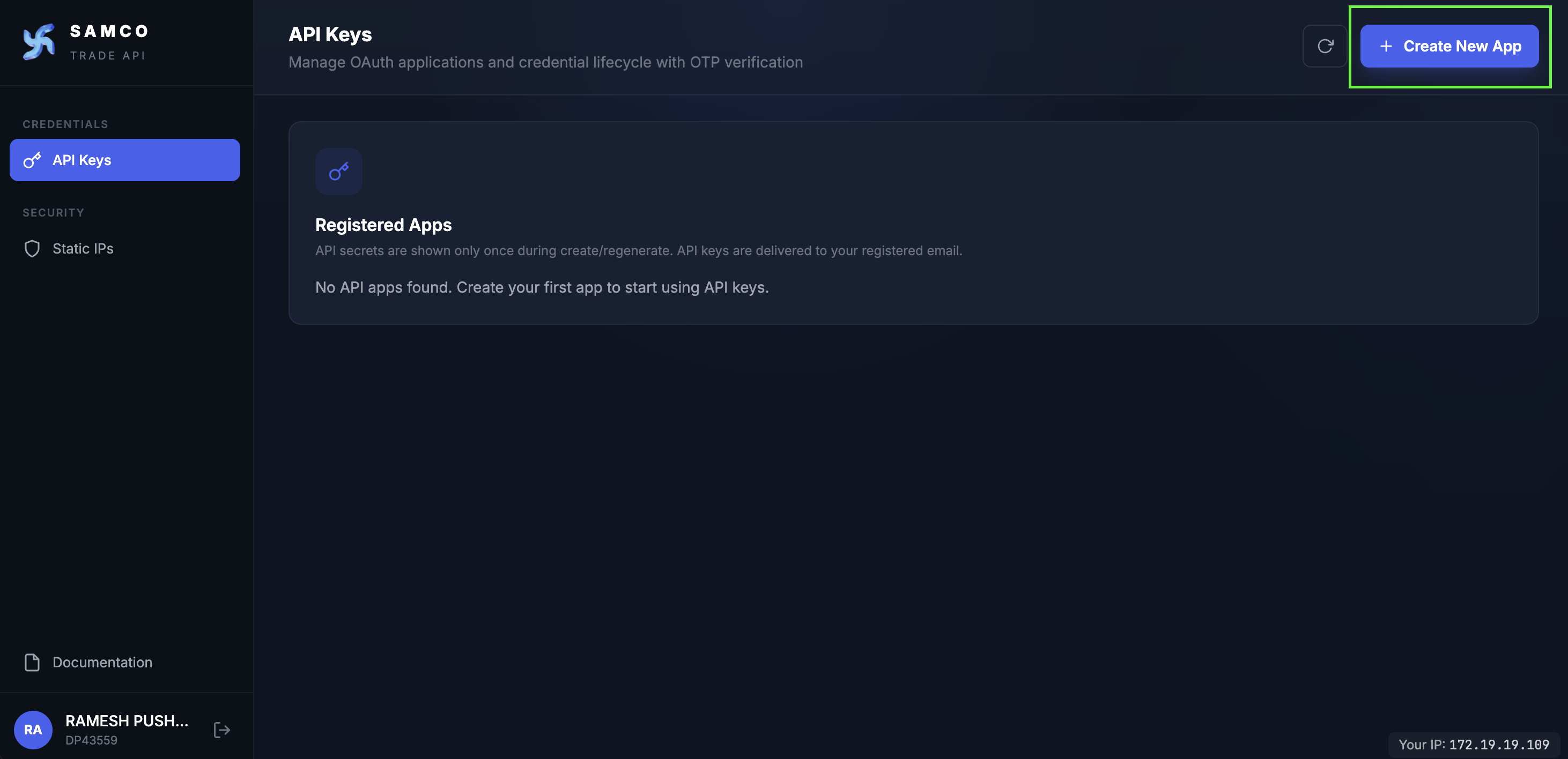 Create New App button on API Keys page