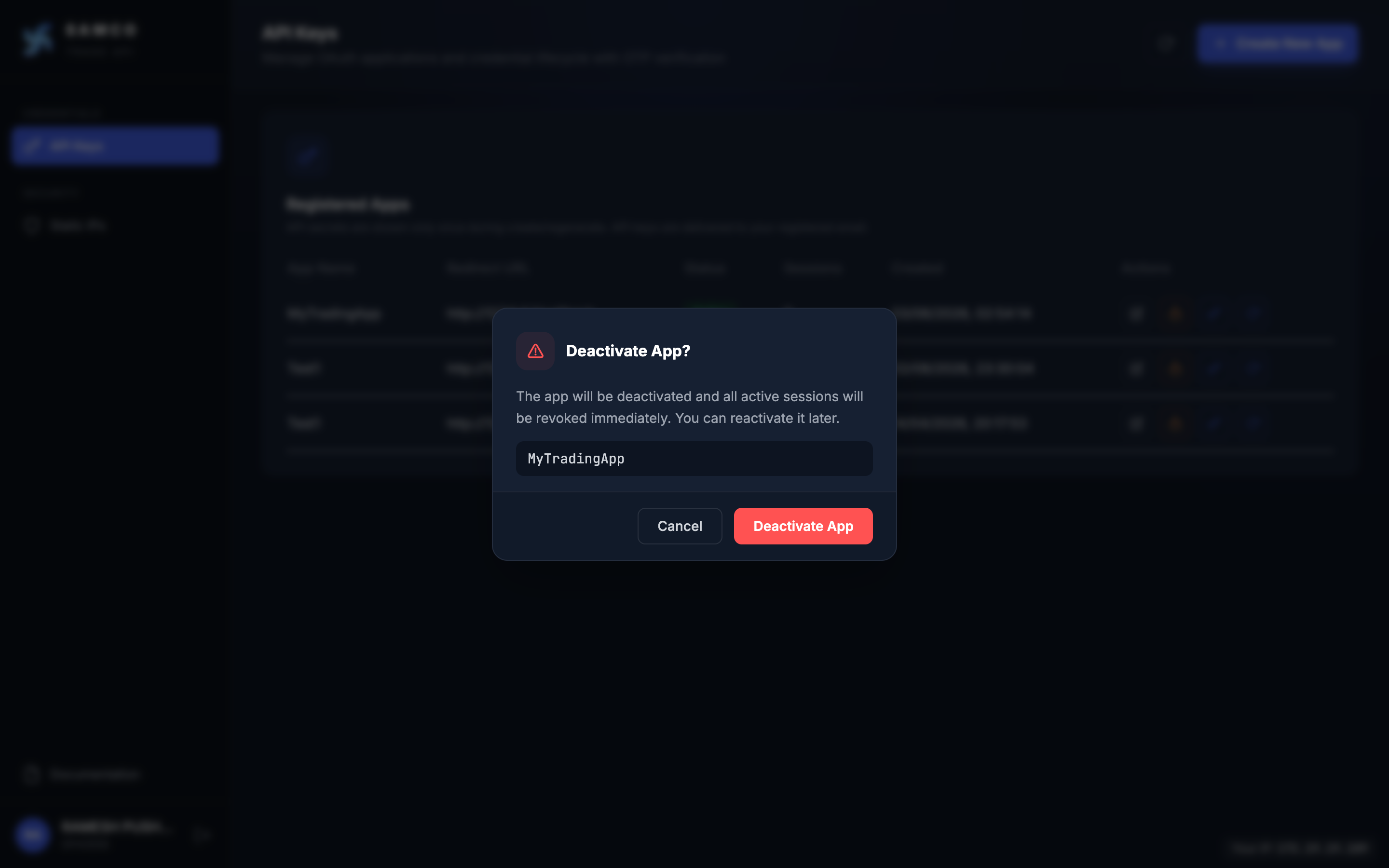 Deactivate App confirmation