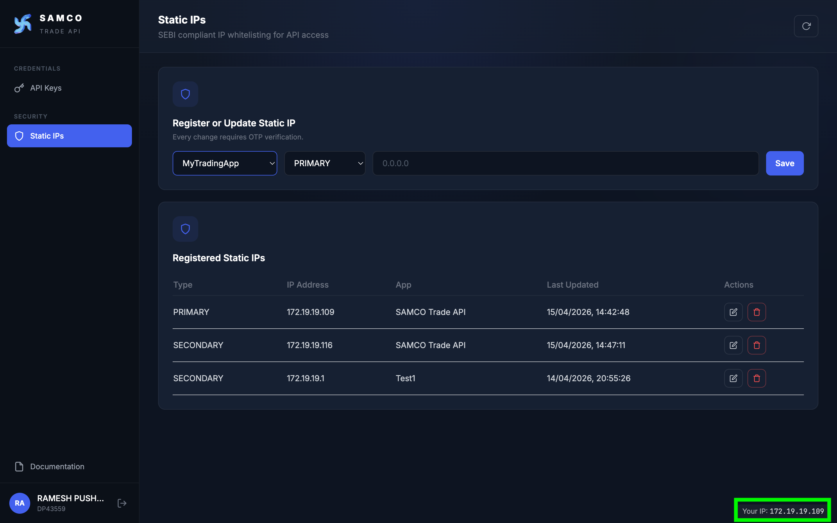 Dashboard footer chip showing "Your IP: 203.0.113.42" in the bottom-right corner