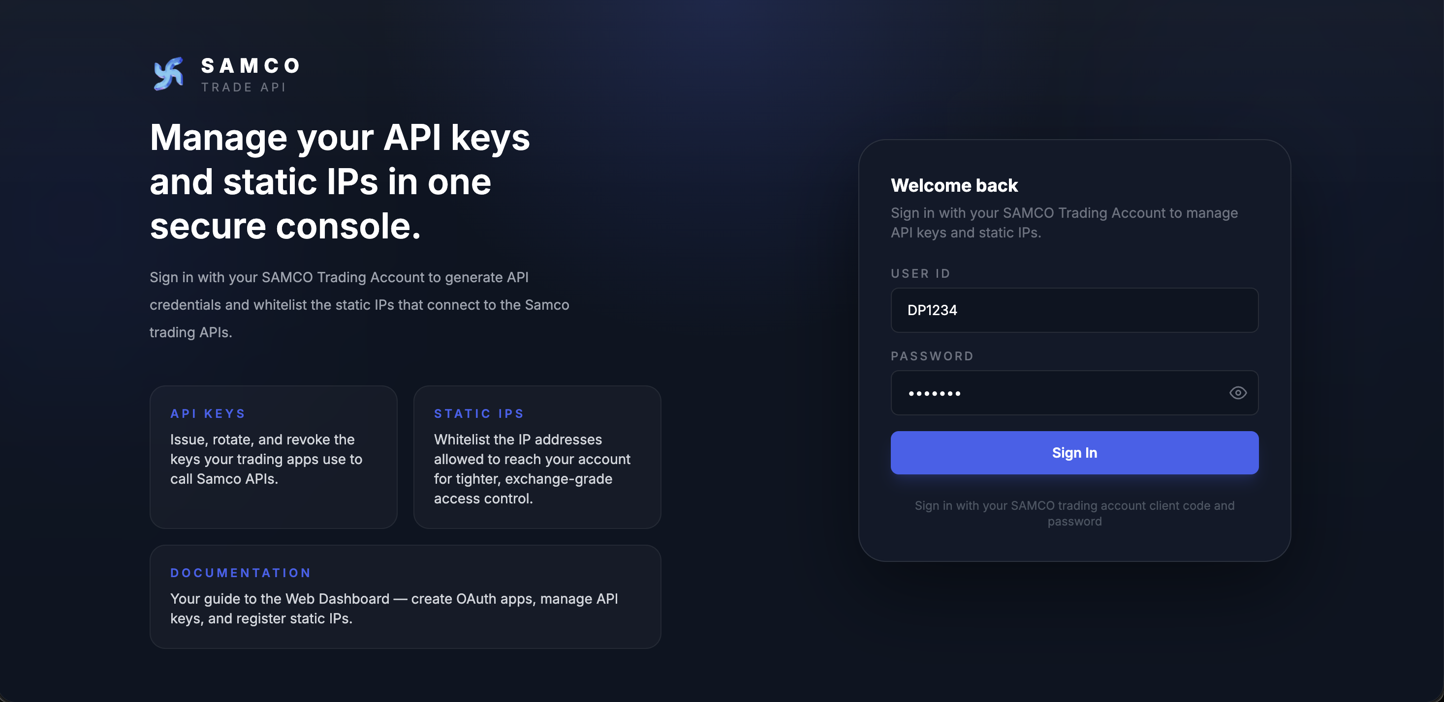 Dashboard login screen