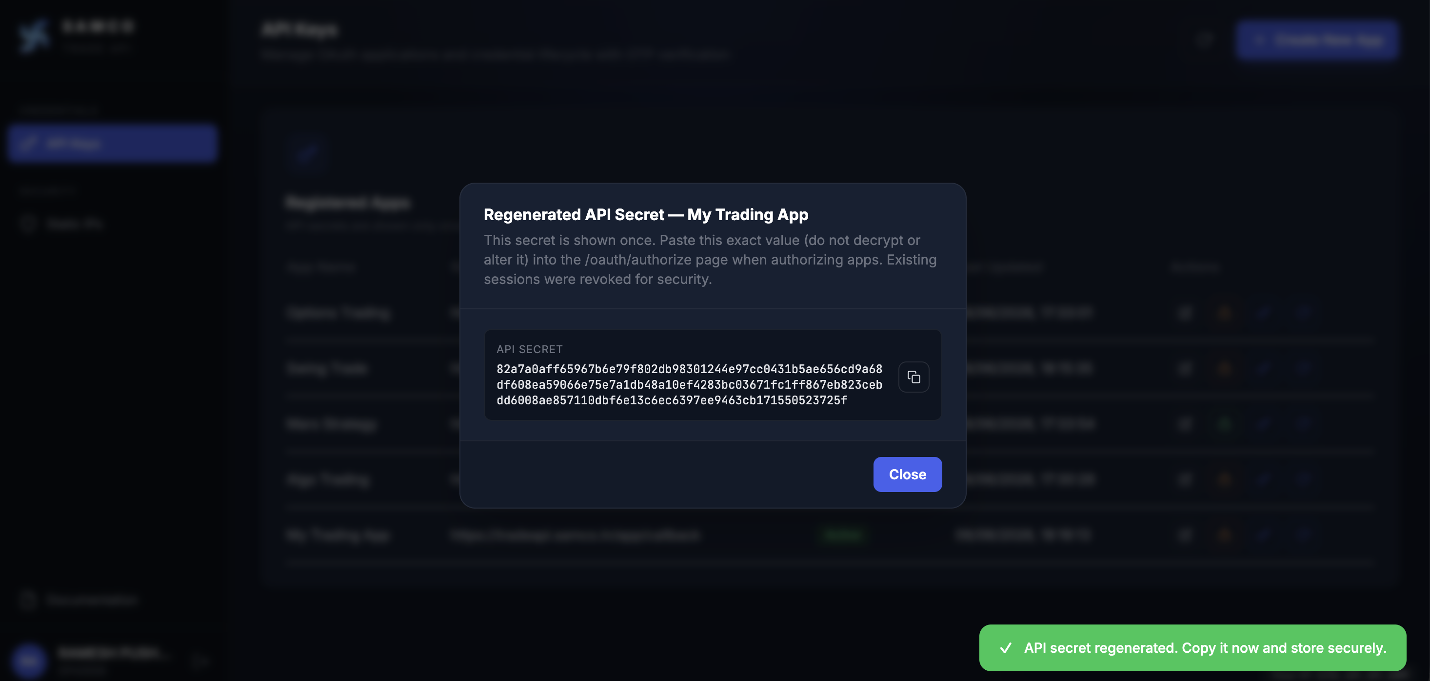 Regenerated API Secret modal