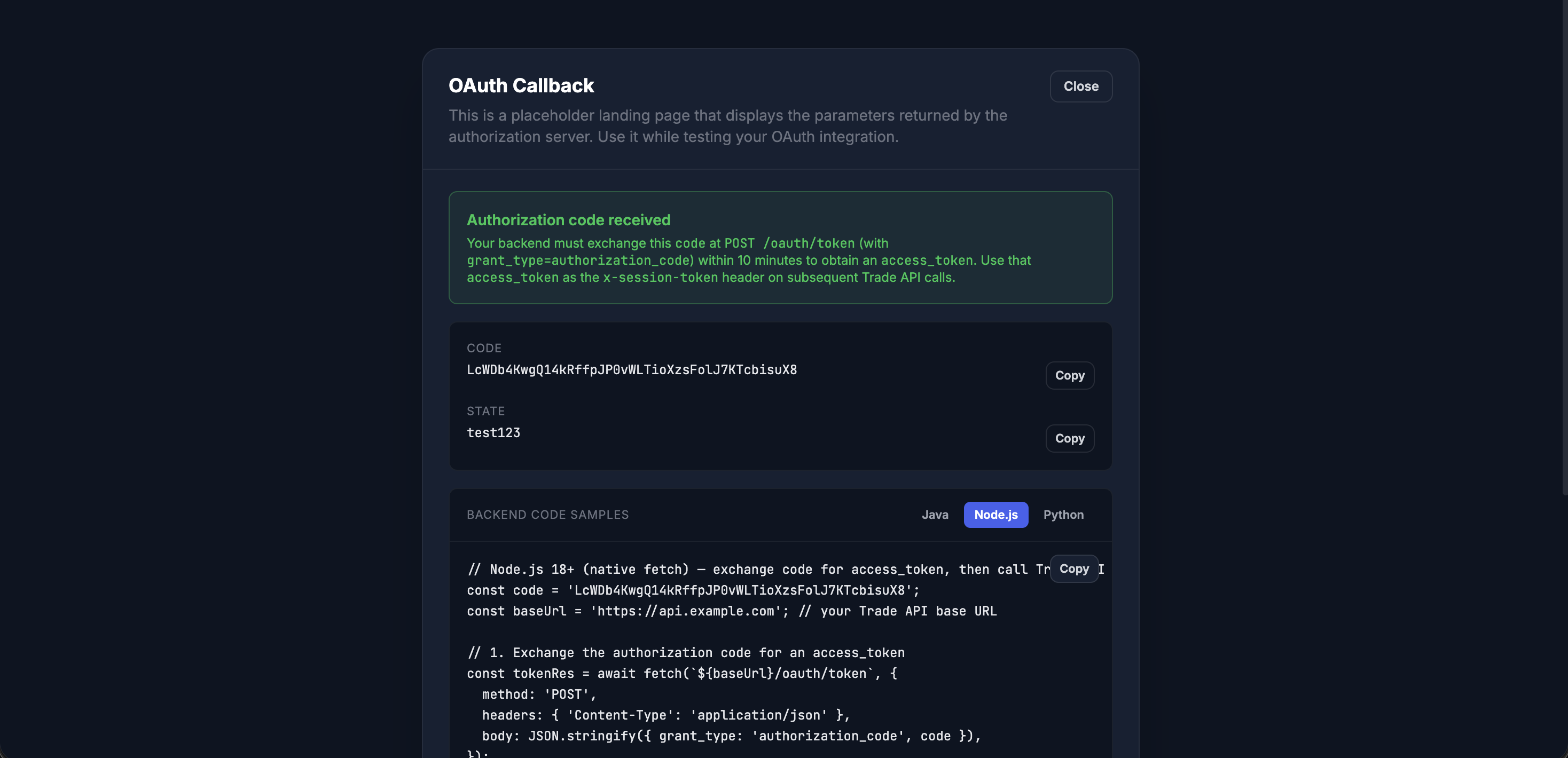 SAMCO dashboard built-in /callback landing page — header "OAuth Callback", green "Authorization code received" panel, code and state fields with Copy buttons, and Java/Node/Python tabbed backend snippets