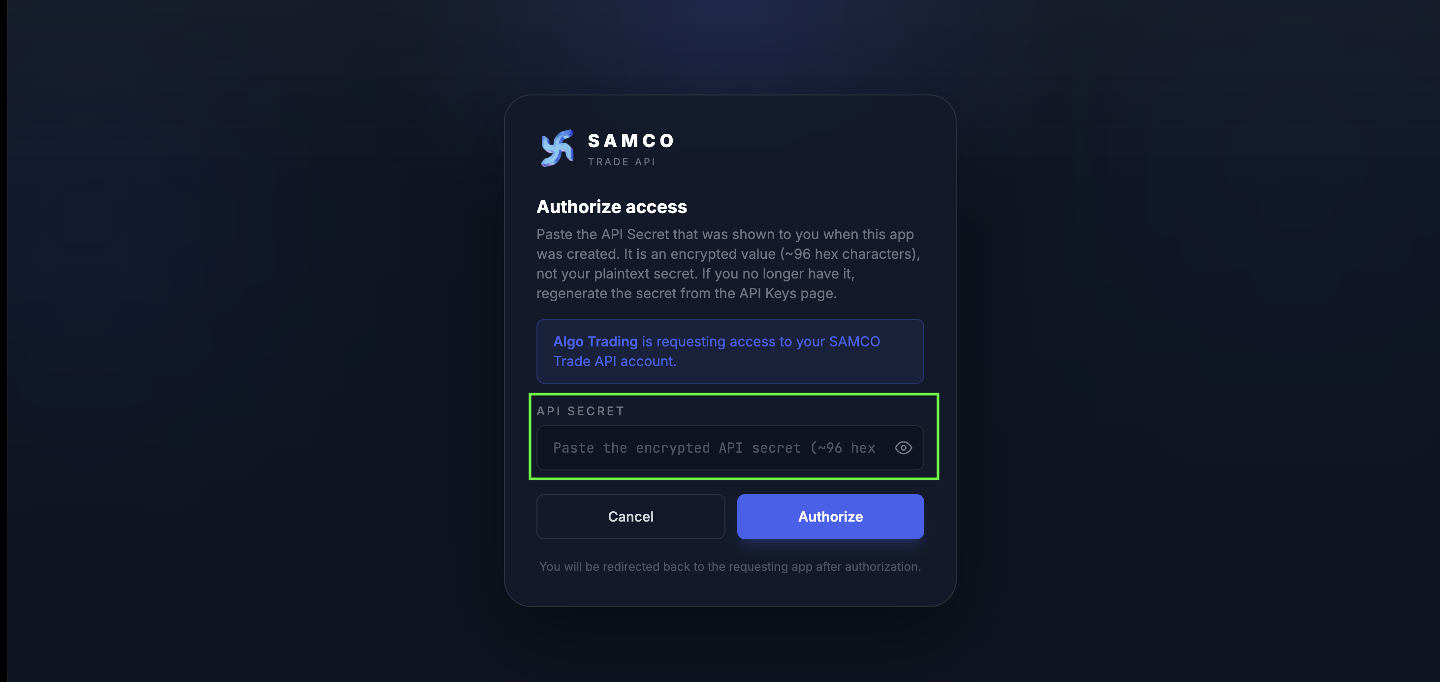 SAMCO OAuth consent page showing the requesting app name and the encrypted API Secret input